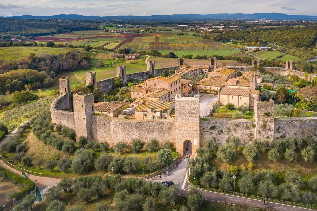 The walled town of Monteriggioni in the Val d'Orcia, a day trip from the museums in Florence, Italy