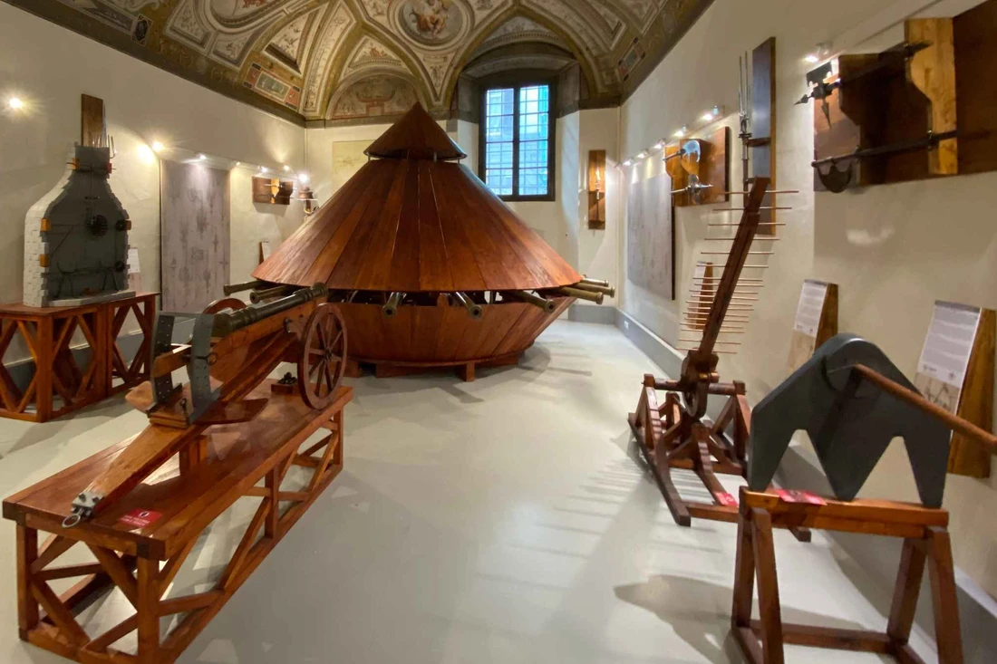 A full-size wooden reconstruction of Leonardo's aerial screw flying machine, in the science museum in Florence, Italy