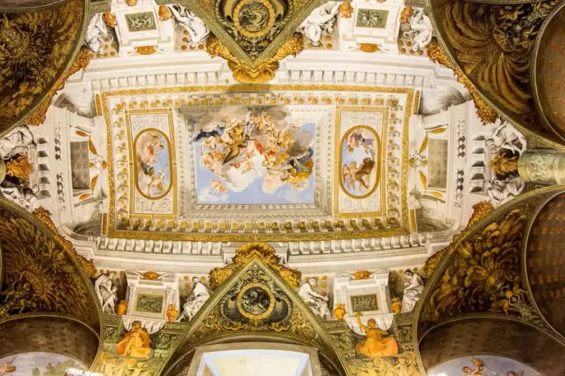The vaulted gilded interior of the Bargello, one of the best art museums in Florence, Italy for Renaissance sculpture