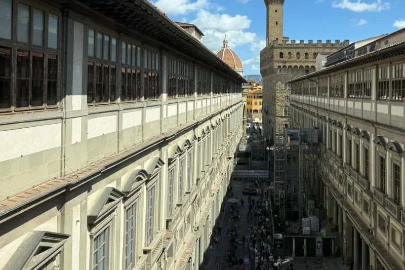 The long sculpture-lined corridor of the Uffizi Gallery, the most famous of the museums in Florence, Italy